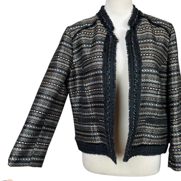 Chico's Sz 1 US 8 Royal Tweed Black Gold Metallic Fringe Trim Open Jacket Blazer - Picture 10 of 14